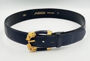 Avignon Genuine Leather Belt Navy Blue with Gold Leopard Buckle France Size M